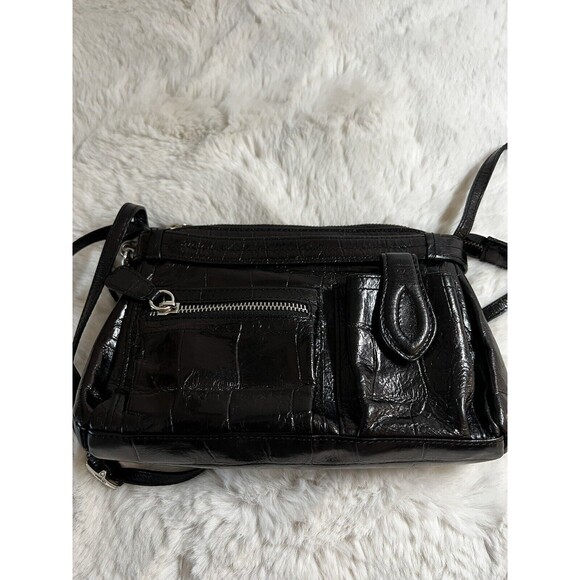 Vtg 90s Y2K Brighton Black Leather Crocodile Embossed Shoulder Bag Wallet Pocket - Picture 2 of 13